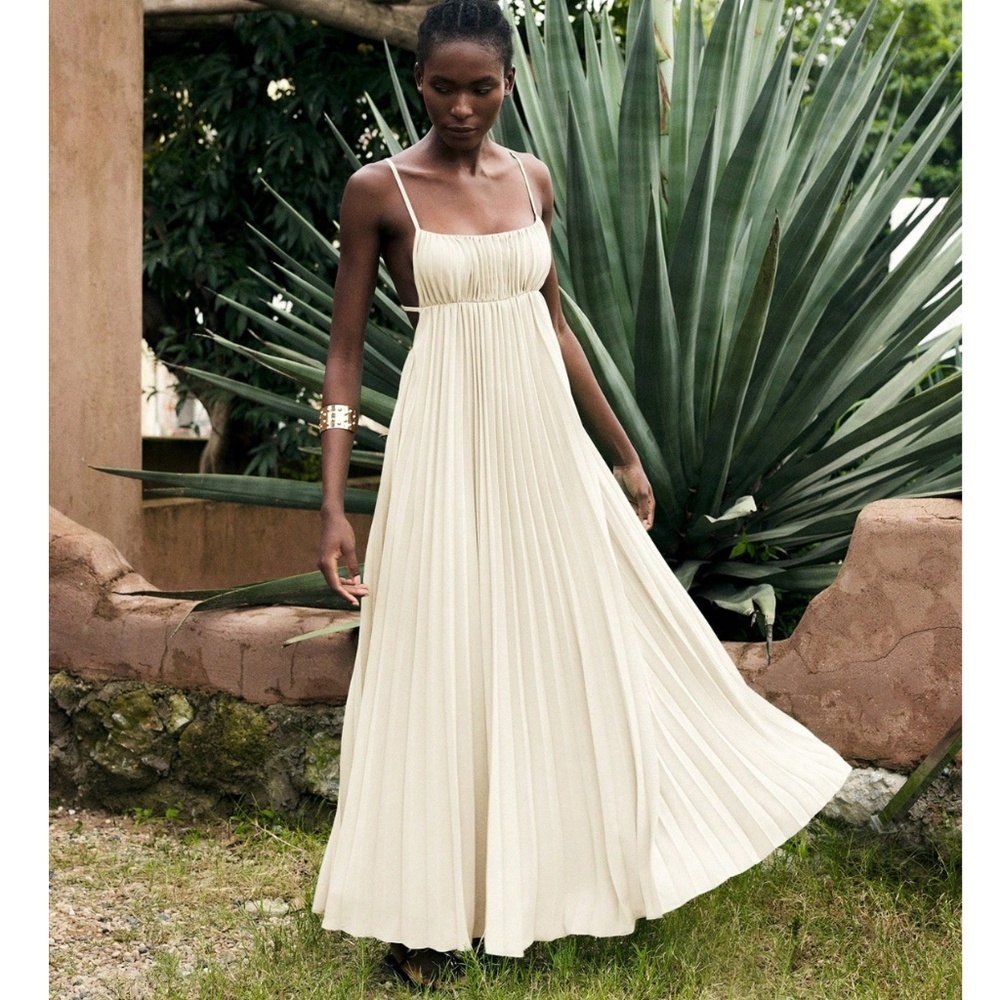 Cream Pleated Maxi Babydoll Dress Open Back Flowy Skirt Tie Straps Lined